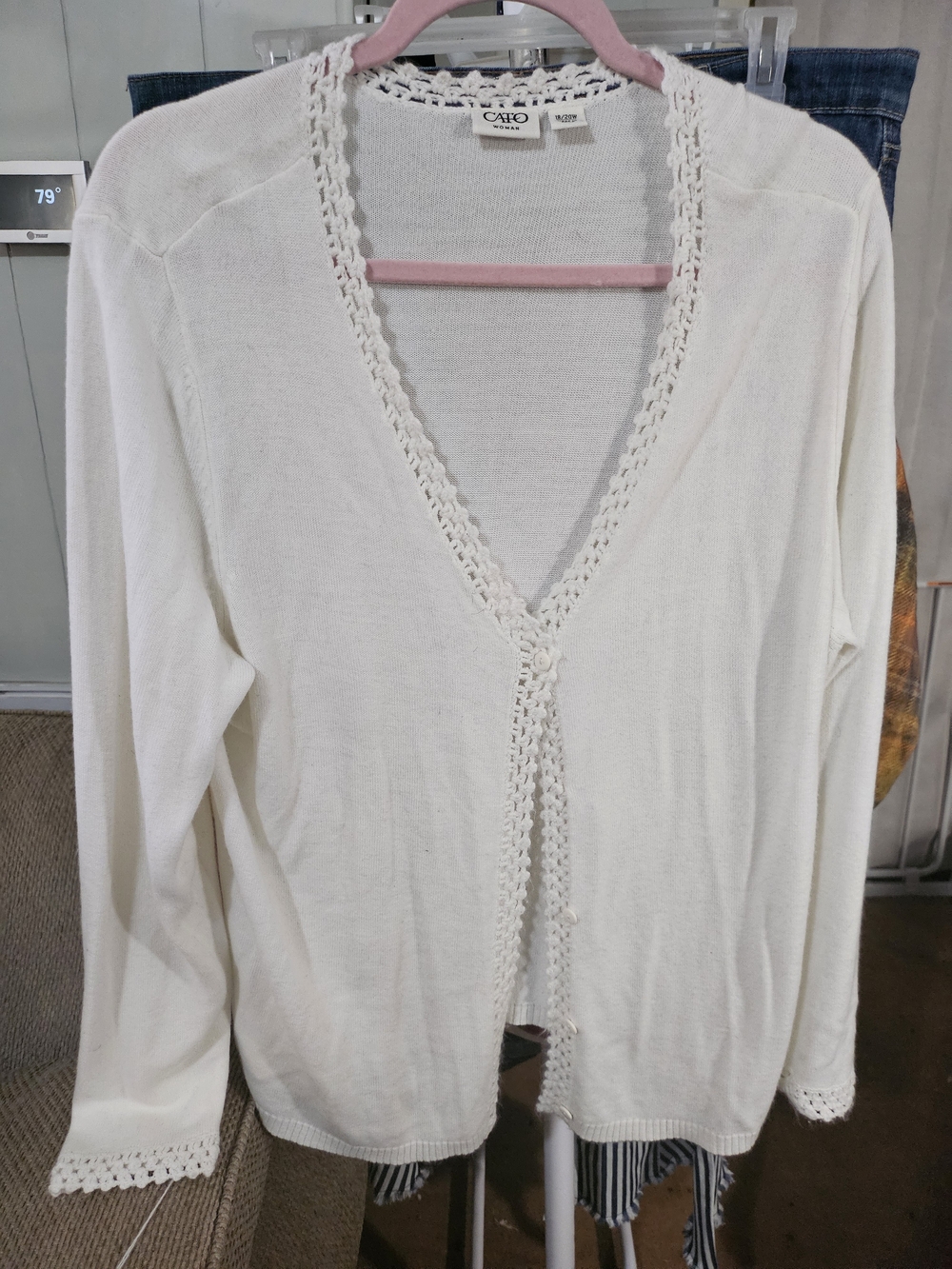 Cato White Crochet-Trim V-Neck Cardigan